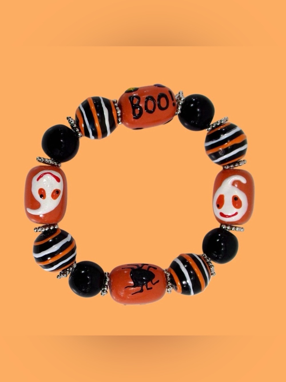 Halloween Glass Beaded Stretch Bracelet, Ghost, Spider Boo, Orange bracelet New